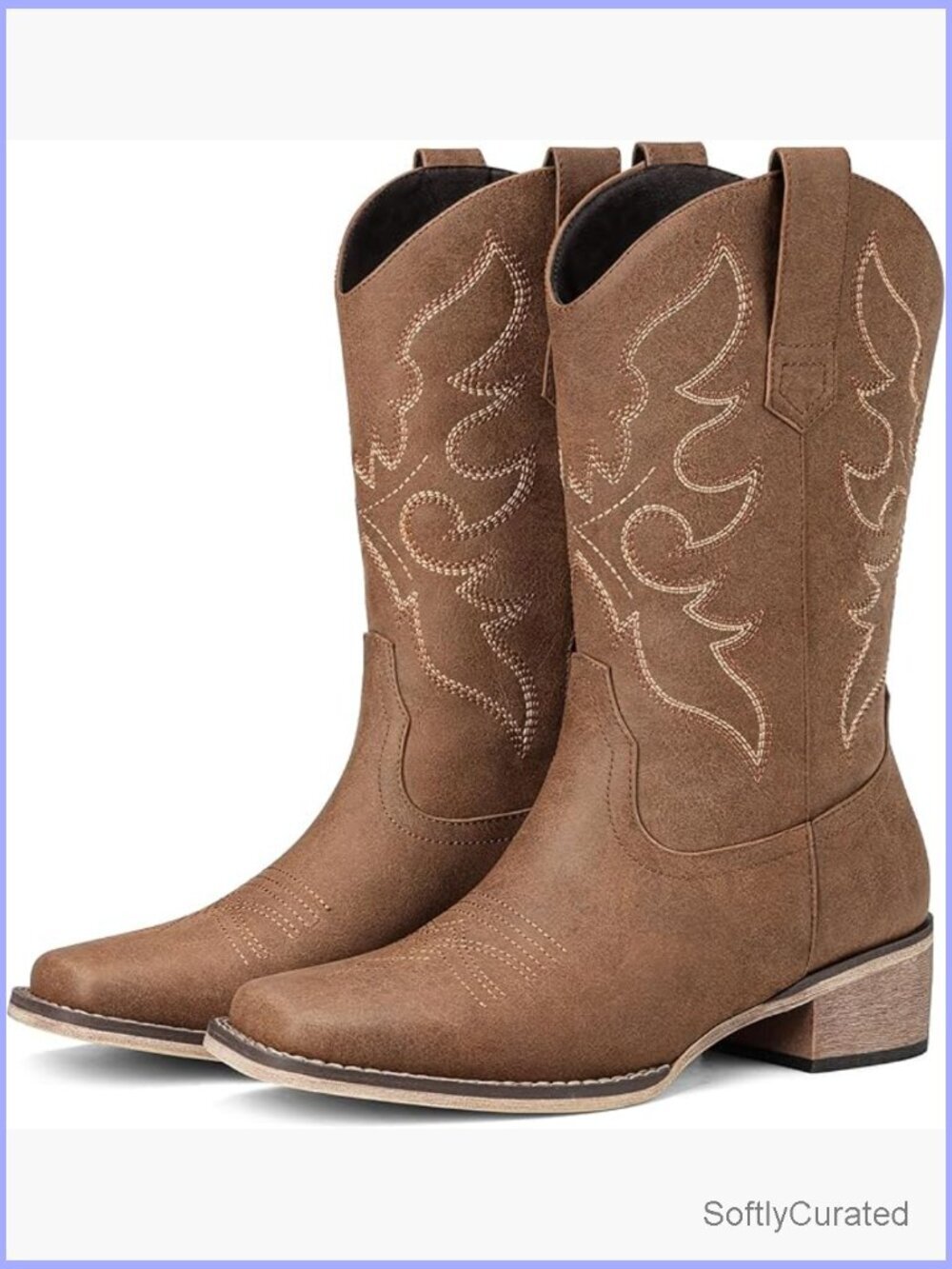 Women's Square Toe Western Cowboy Boots Mid Calf Embroidery Chunky Heel Pull On